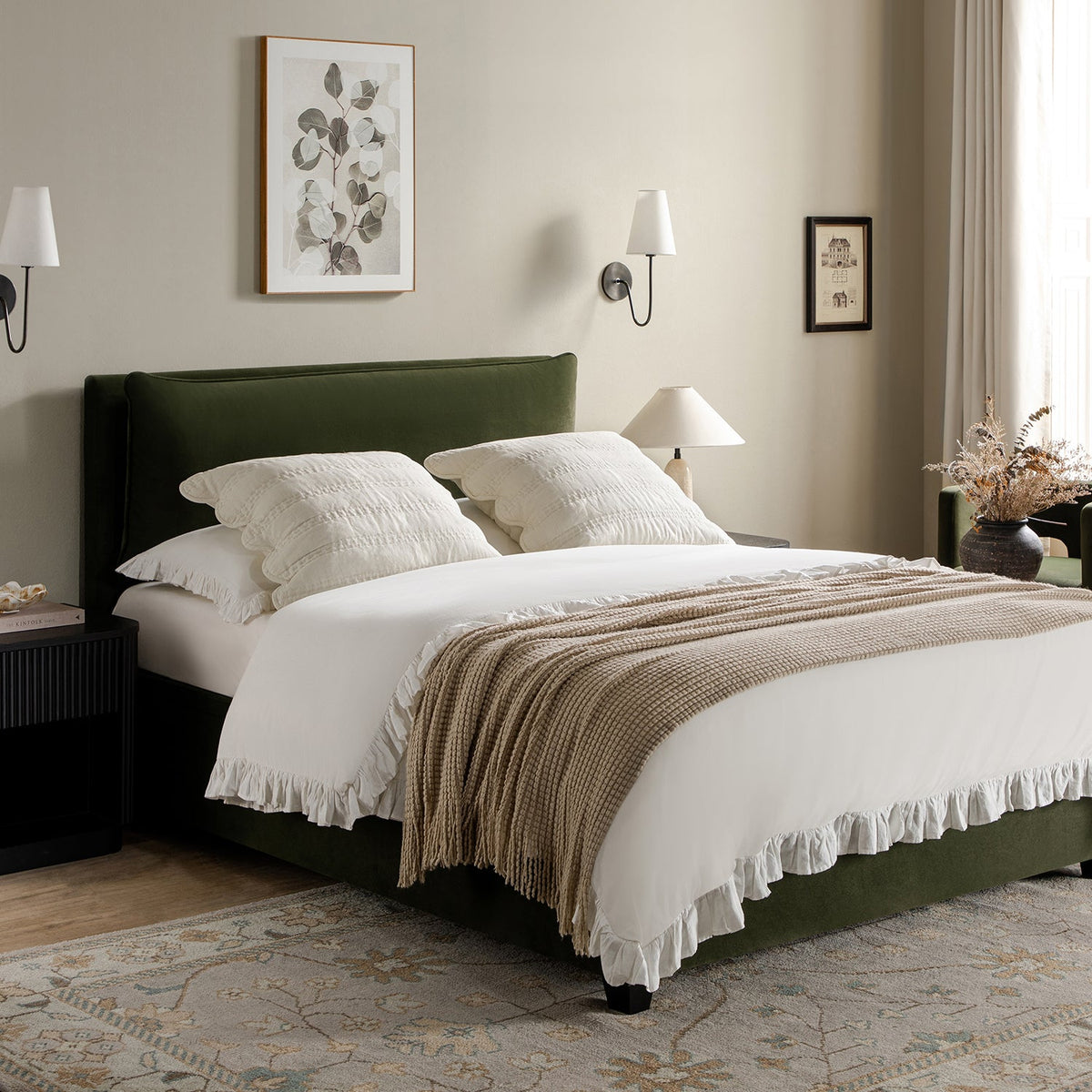Kricia Upholstered Storage Bed with Pillow Headboard in Moss Green Velvet
