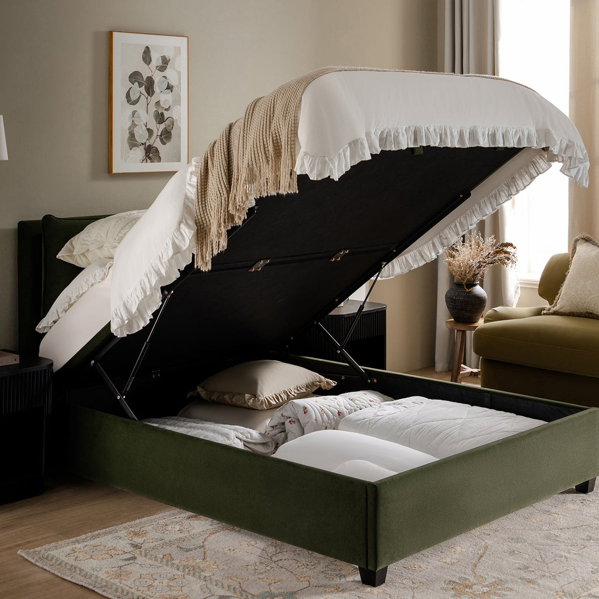 Kricia Upholstered Storage Bed with Pillow Headboard in Moss Green Velvet