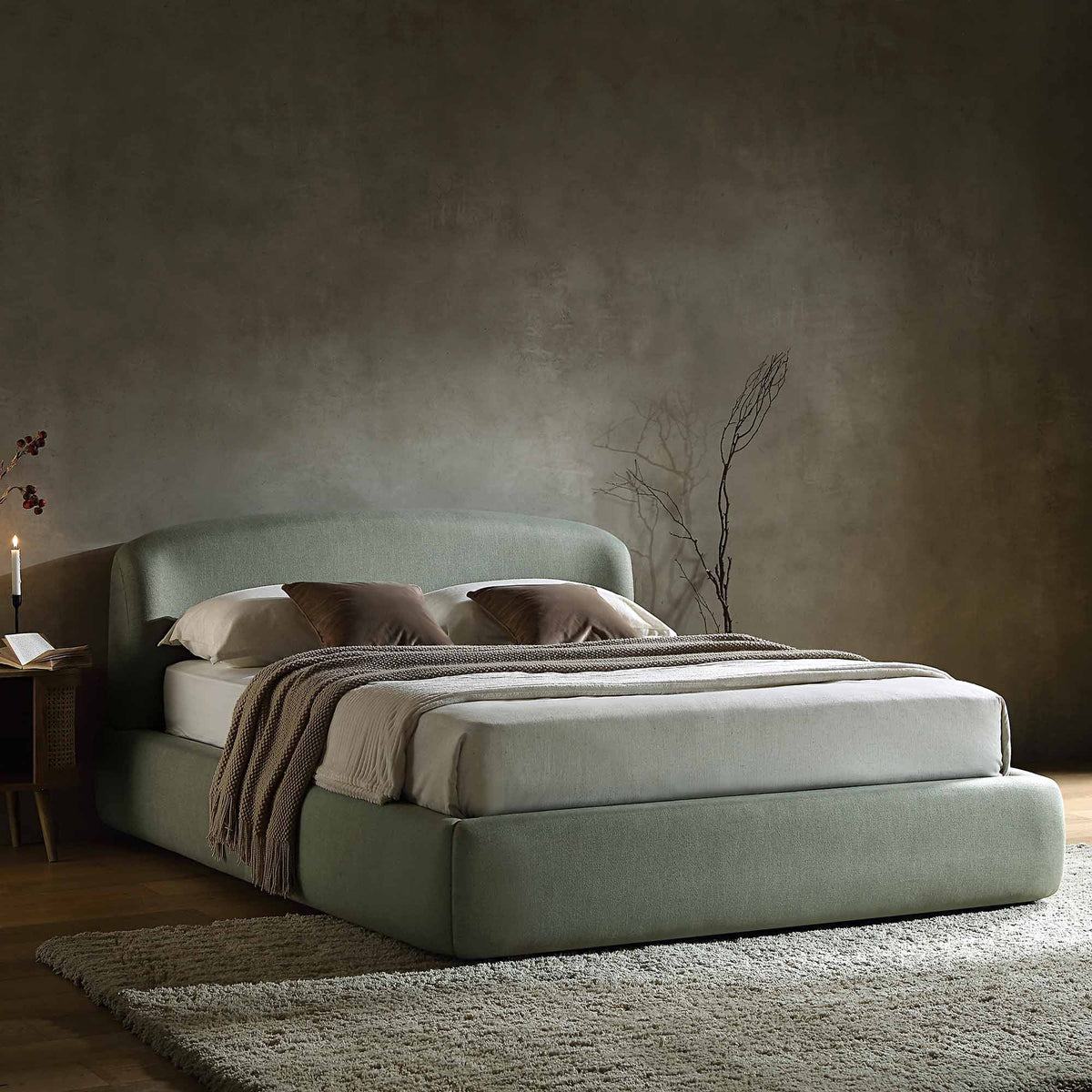 Constance Winged Headboard Ottoman Storage Bed in Olive Linen