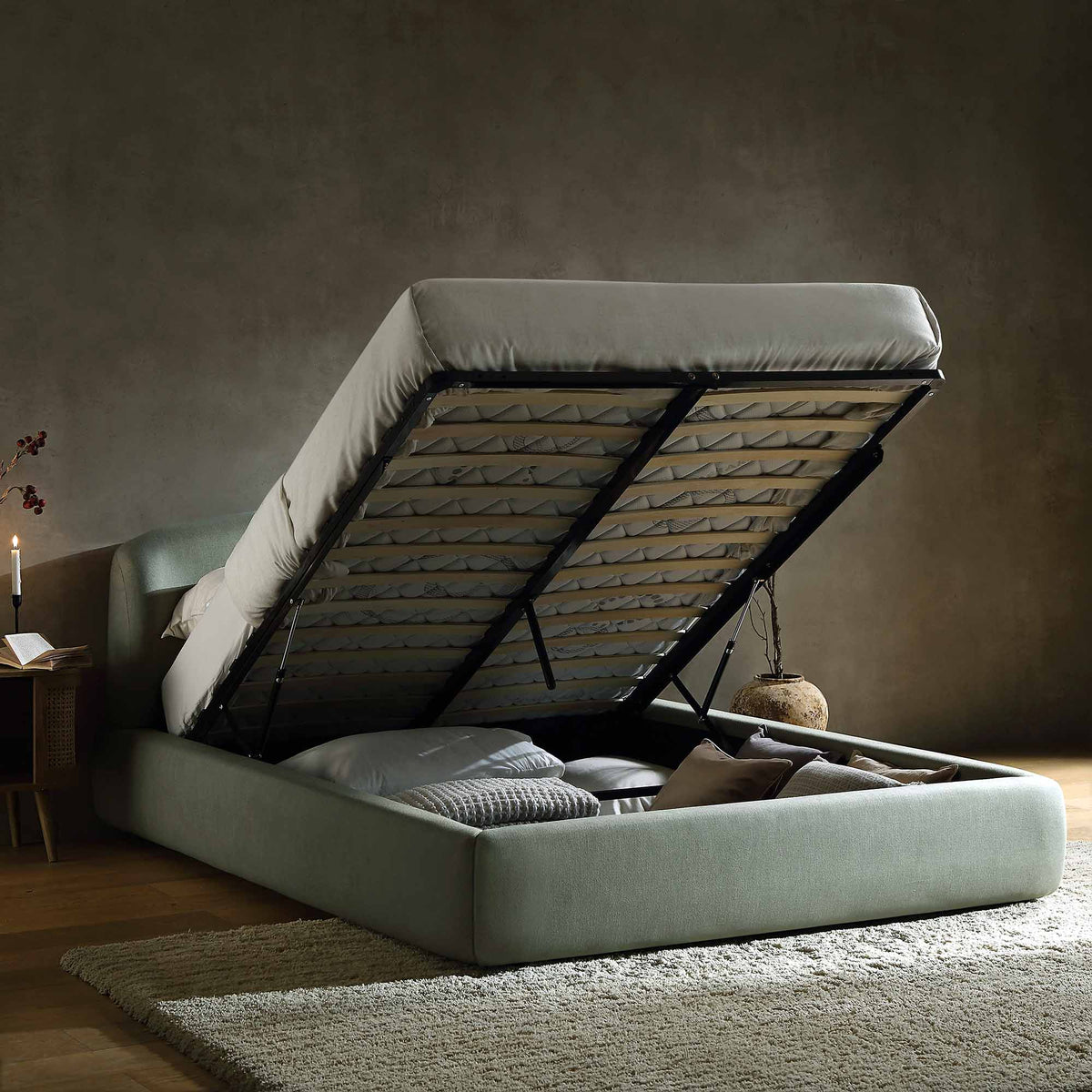 Constance Winged Headboard Ottoman Storage Bed in Olive Linen
