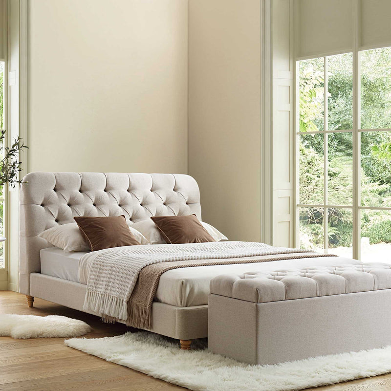 Leamington Deep-Buttoned Upholstered Bed in Oatmeal Fabric