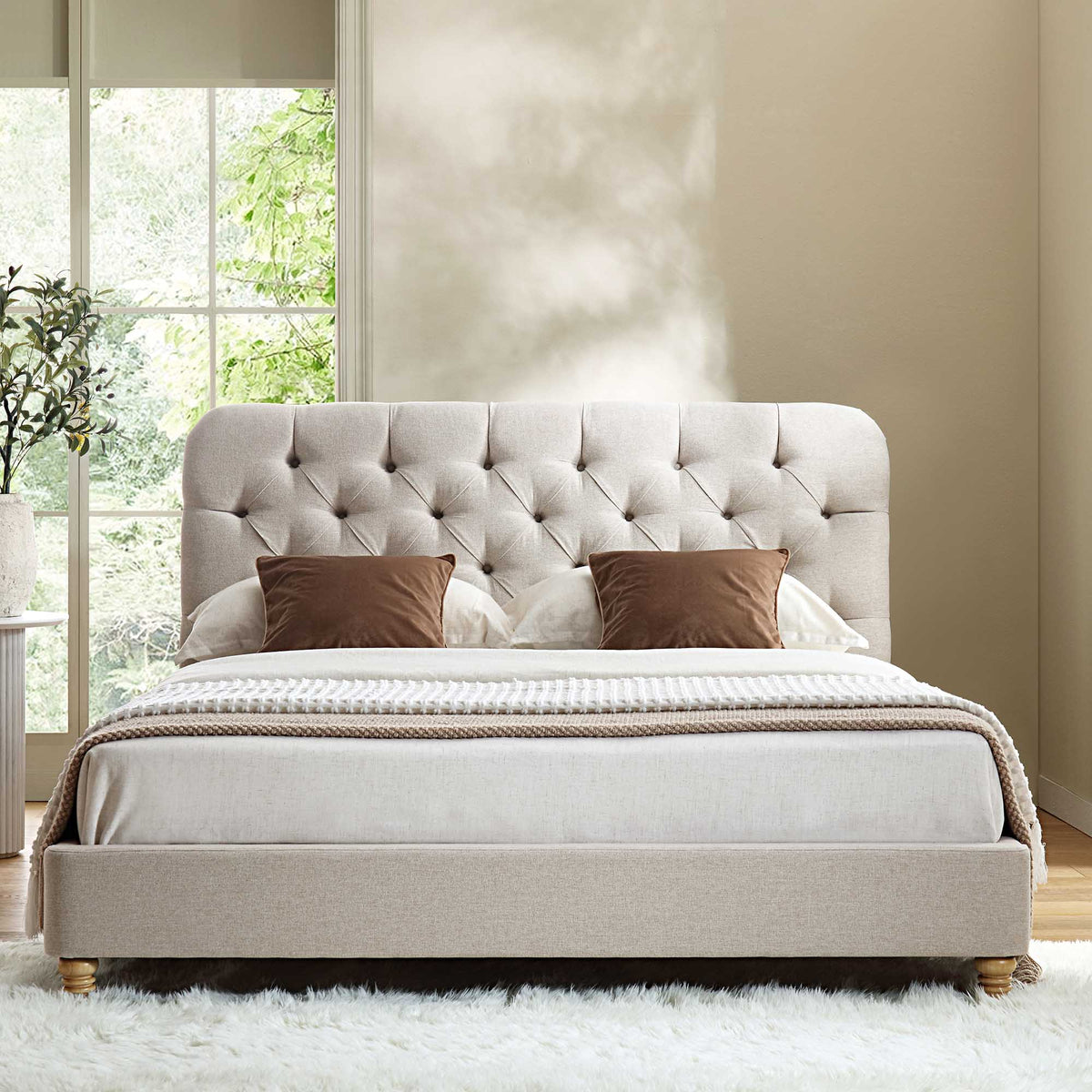 Leamington Deep-Buttoned Upholstered Bed in Oatmeal Fabric