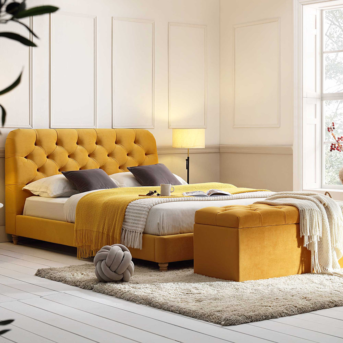 Leamington Deep-Buttoned Upholstered Bed in Turmeric Yellow Velvet