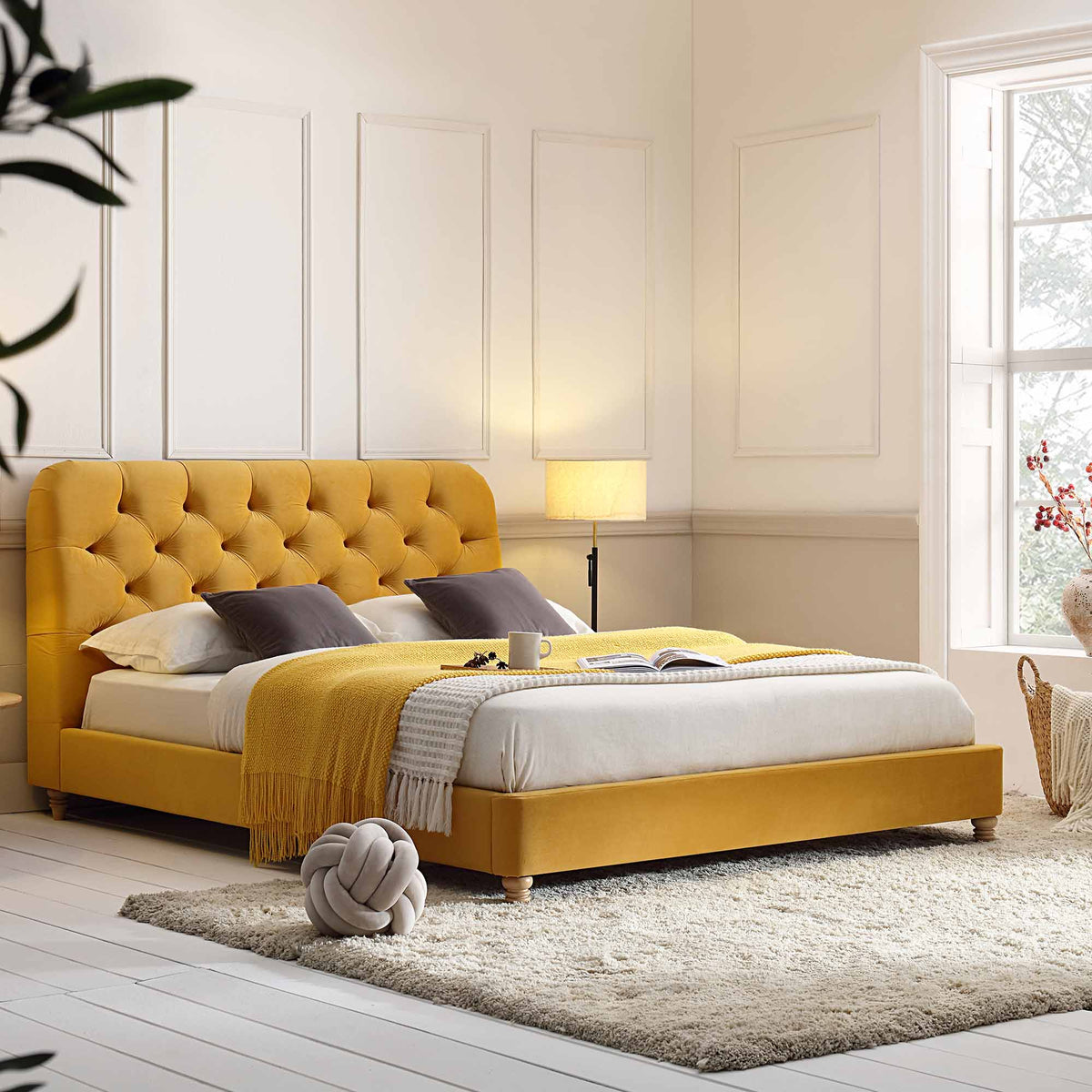 Leamington Deep-Buttoned Upholstered Bed in Turmeric Yellow Velvet