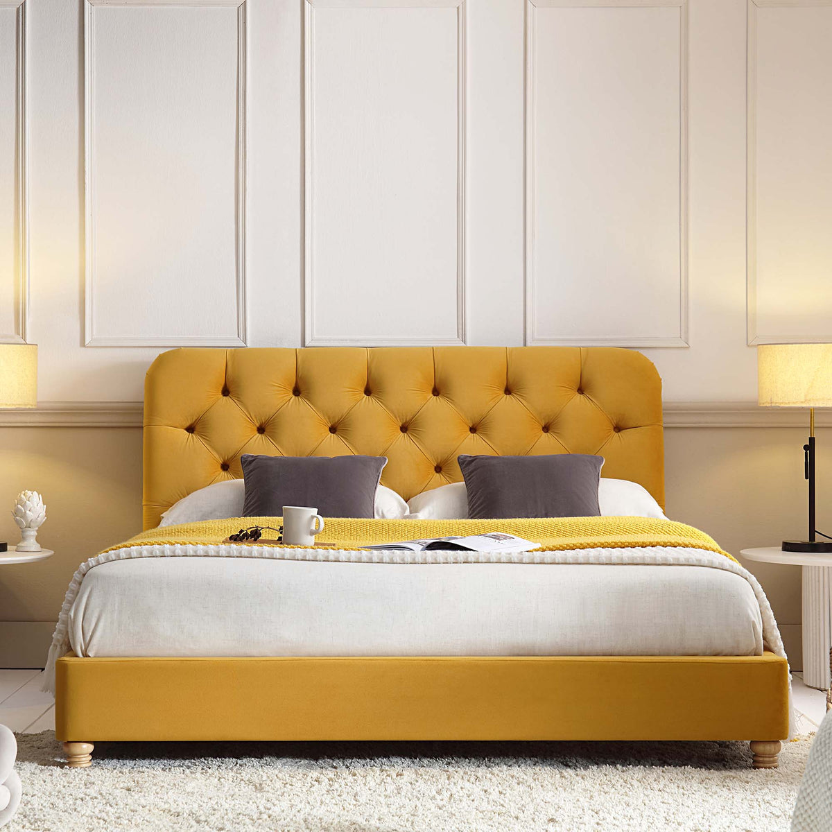 Leamington Deep-Buttoned Upholstered Bed in Turmeric Yellow Velvet
