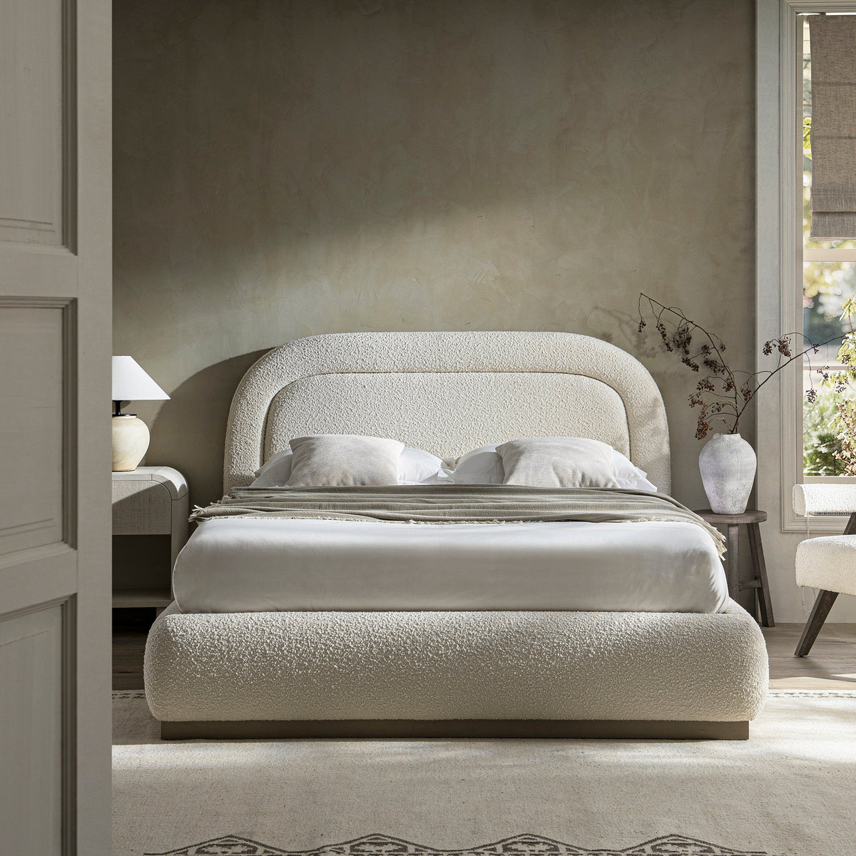 Luella Upholstered Wooden Plinth Base Storage Bed in Ecru Boucle