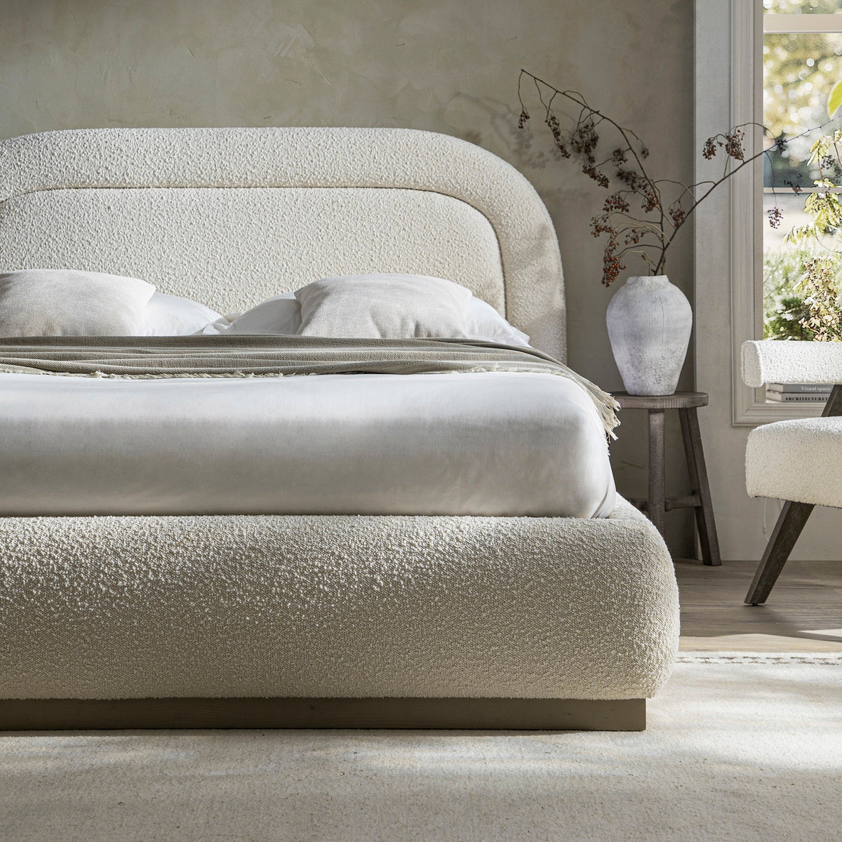 Luella Upholstered Wooden Plinth Base Storage Bed in Ecru Boucle