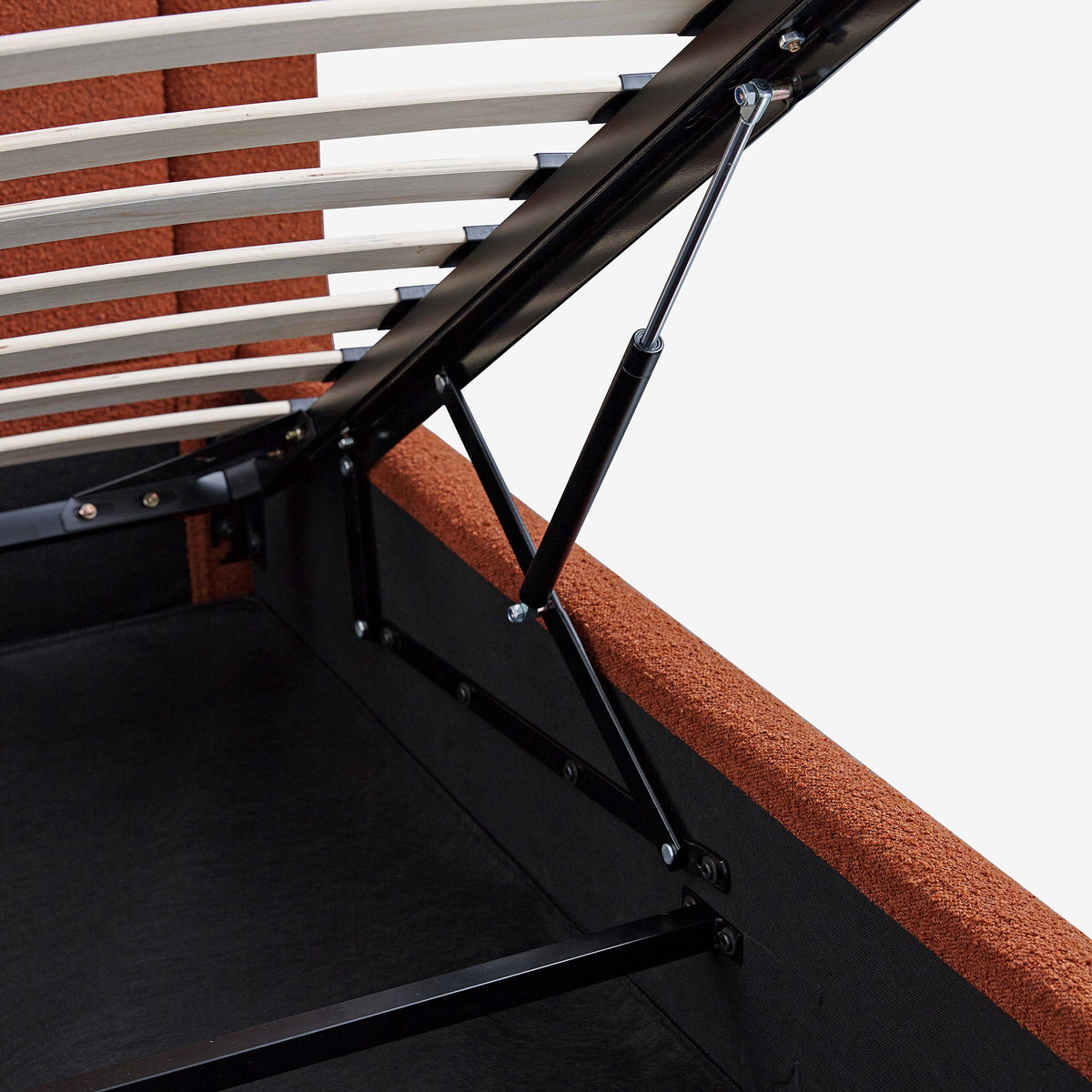 Luella Upholstered Wooden Plinth Base Storage Bed in Rust Boucle