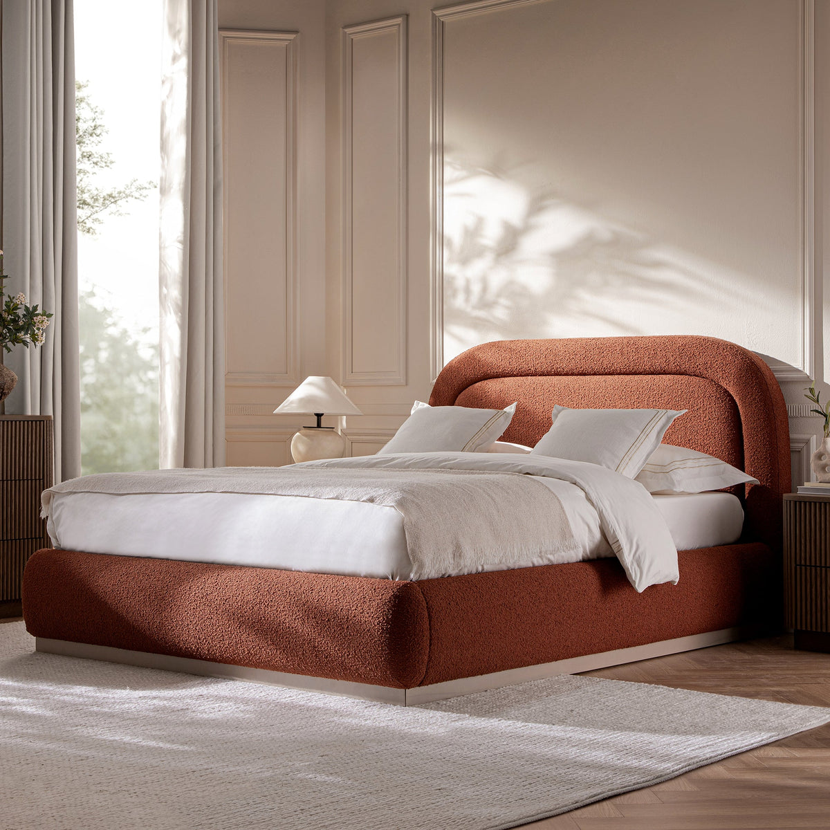 Luella Upholstered Wooden Plinth Base Storage Bed in Rust Boucle