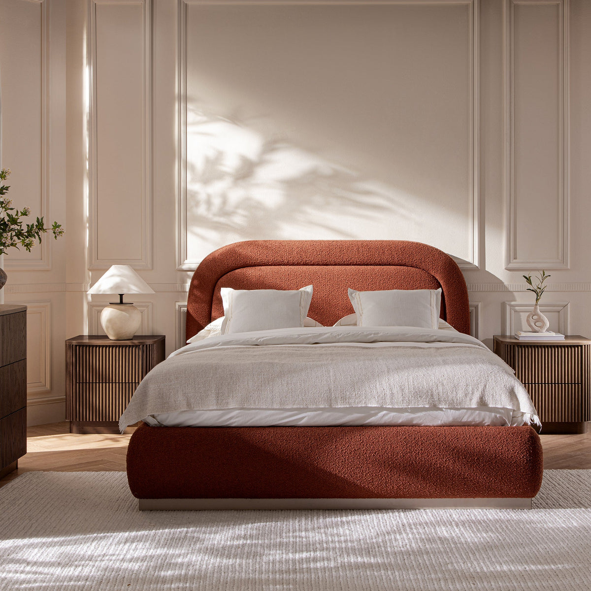 Luella Upholstered Wooden Plinth Base Storage Bed in Rust Boucle