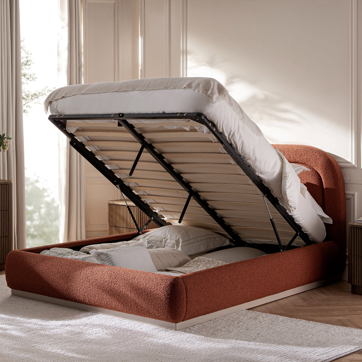 Luella Upholstered Wooden Plinth Base Storage Bed in Rust Boucle