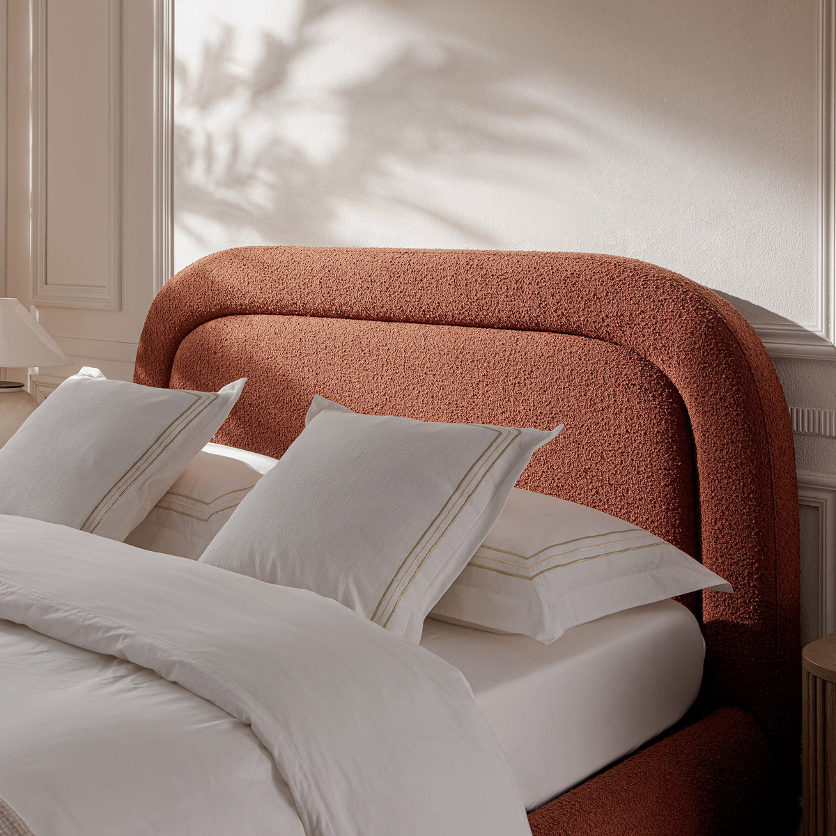 Luella Upholstered Wooden Plinth Base Storage Bed in Rust Boucle