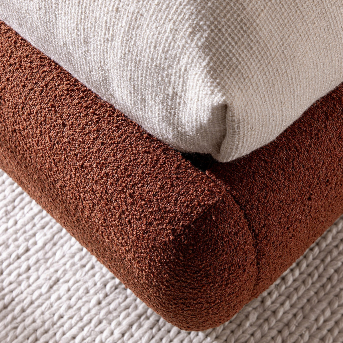 Luella Upholstered Wooden Plinth Base Storage Bed in Rust Boucle