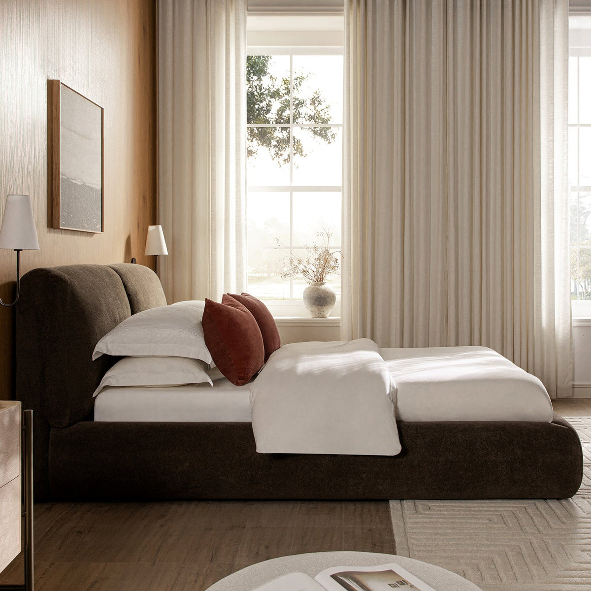 Thera Pillow Headboard Upholstered Bed in Cocoa Chenille