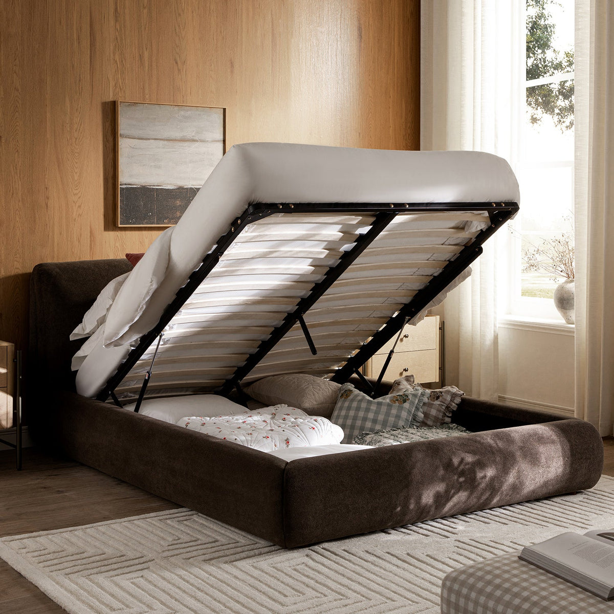 Thera Pillow Headboard Upholstered Bed in Cocoa Chenille