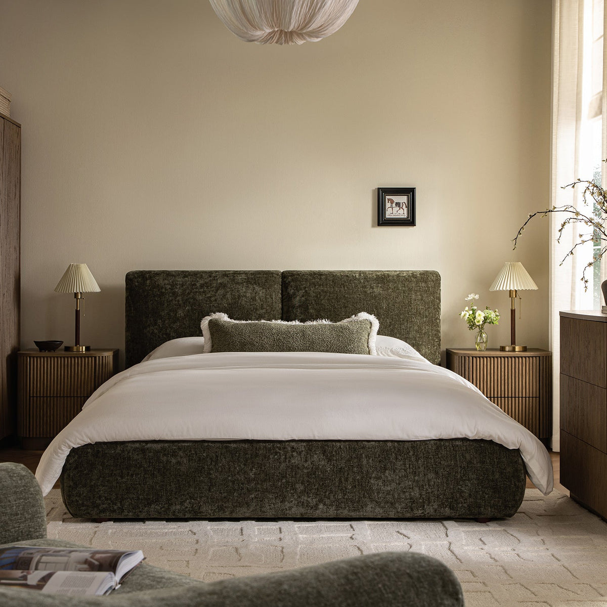 Thera Pillow Headboard Upholstered Bed in Moss Green Chenille