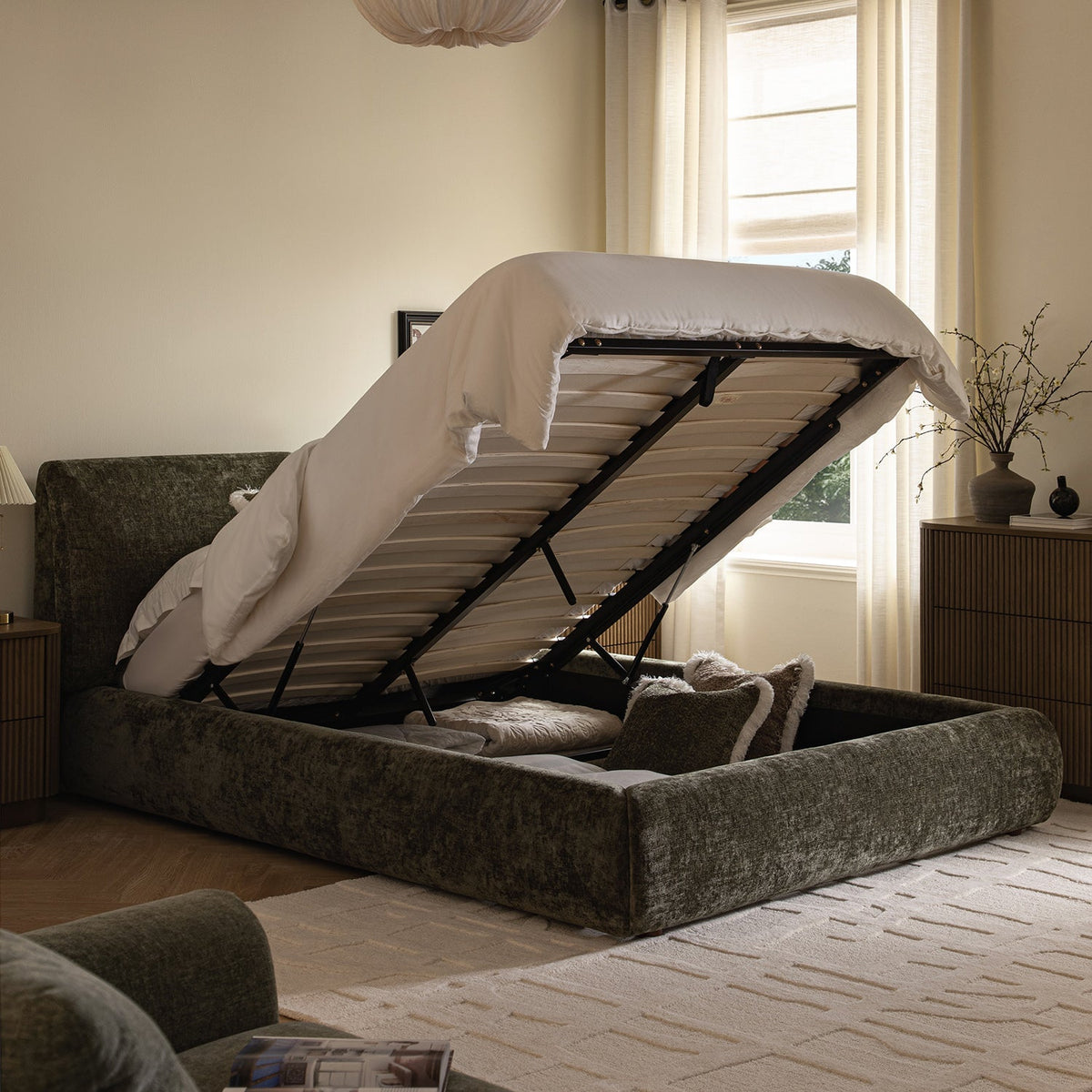 Thera Pillow Headboard Upholstered Bed in Moss Green Chenille