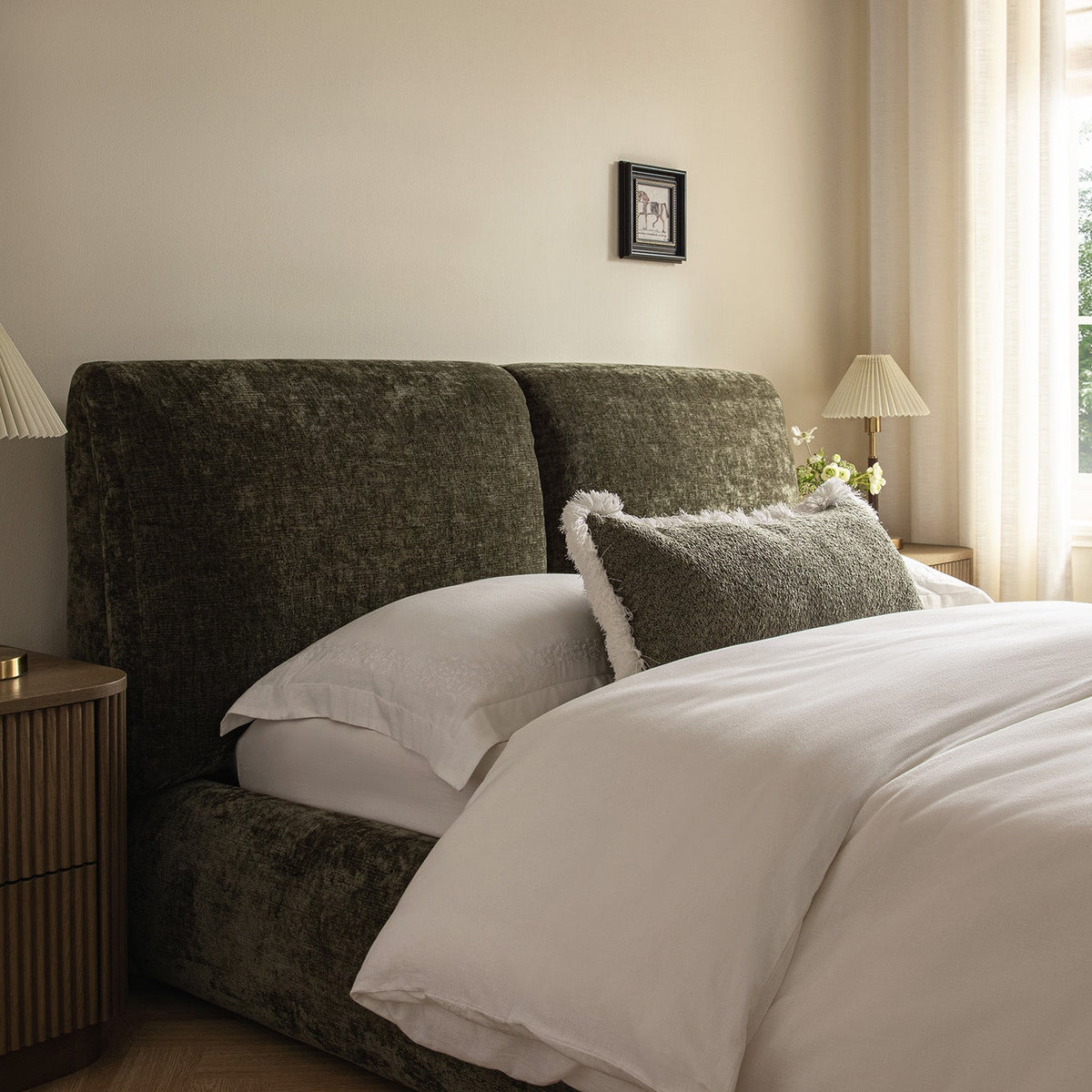 Thera Pillow Headboard Upholstered Bed in Moss Green Chenille