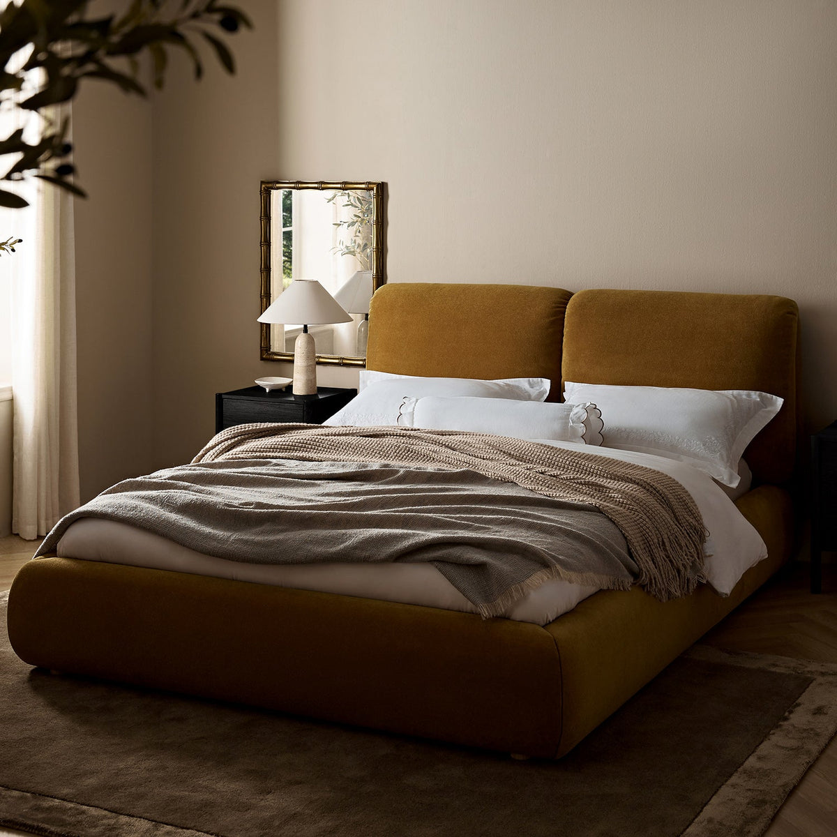 Thera Pillow Headboard Upholstered Bed in Burnt Ochre Chenille