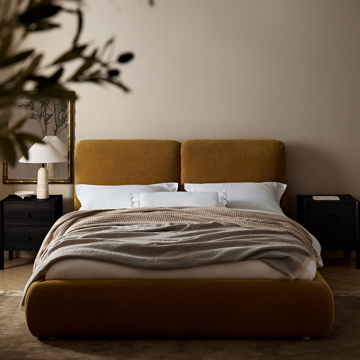 Thera Pillow Headboard Upholstered Bed in Burnt Ochre Chenille