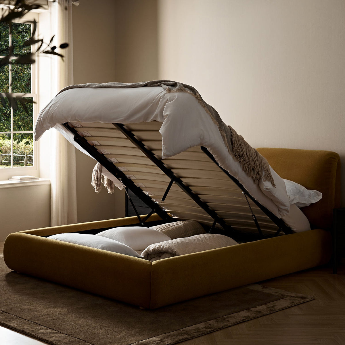Thera Pillow Headboard Upholstered Bed in Burnt Ochre Chenille