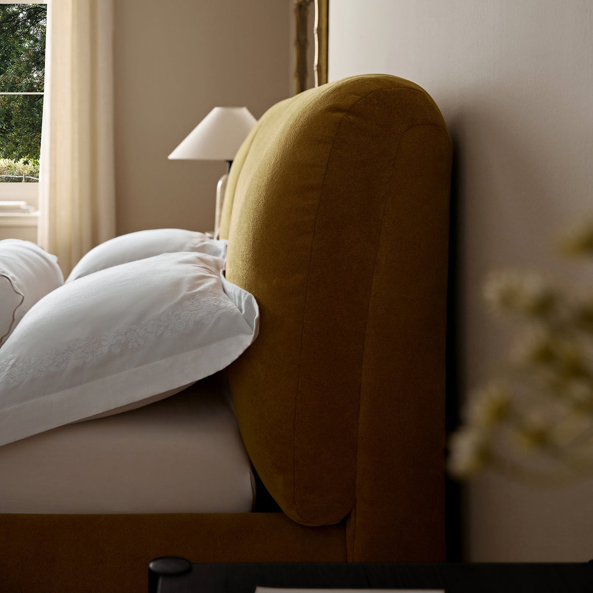 Thera Pillow Headboard Upholstered Bed in Burnt Ochre Chenille