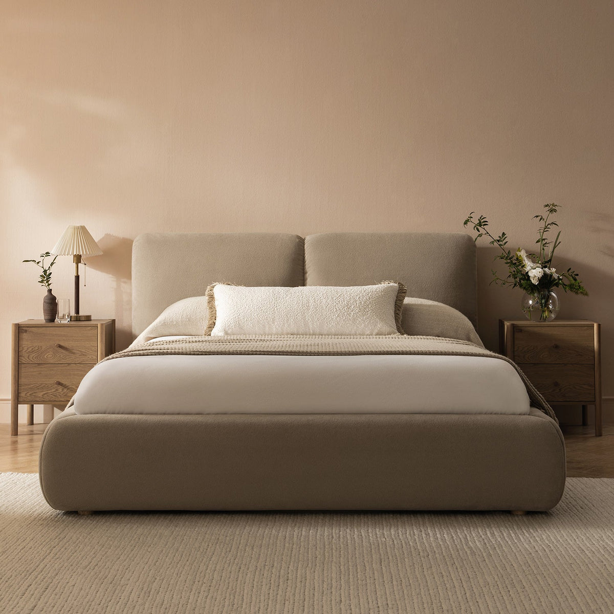 Thera Pillow Headboard Upholstered Bed in Fawn Chenille