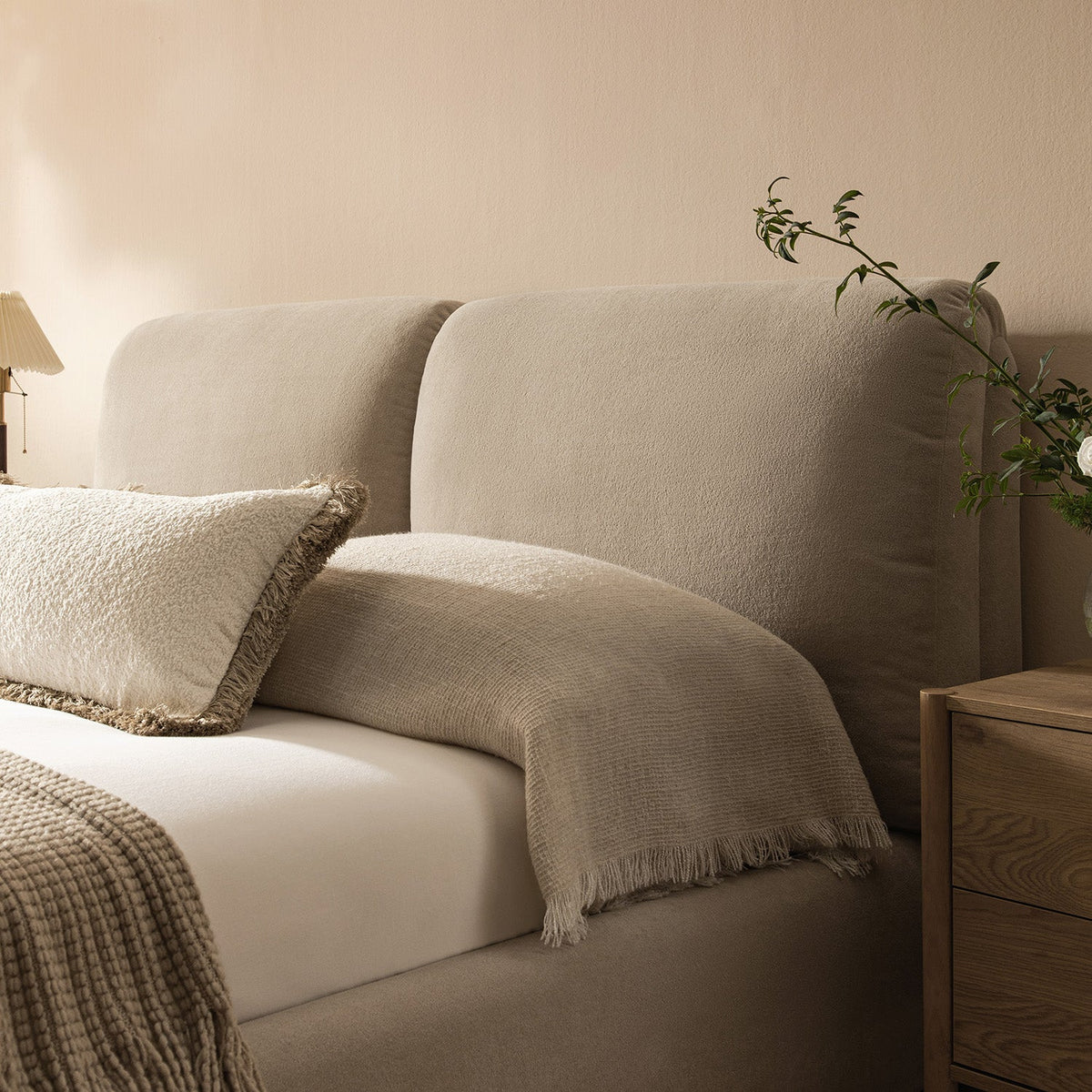 Thera Pillow Headboard Upholstered Bed in Fawn Chenille