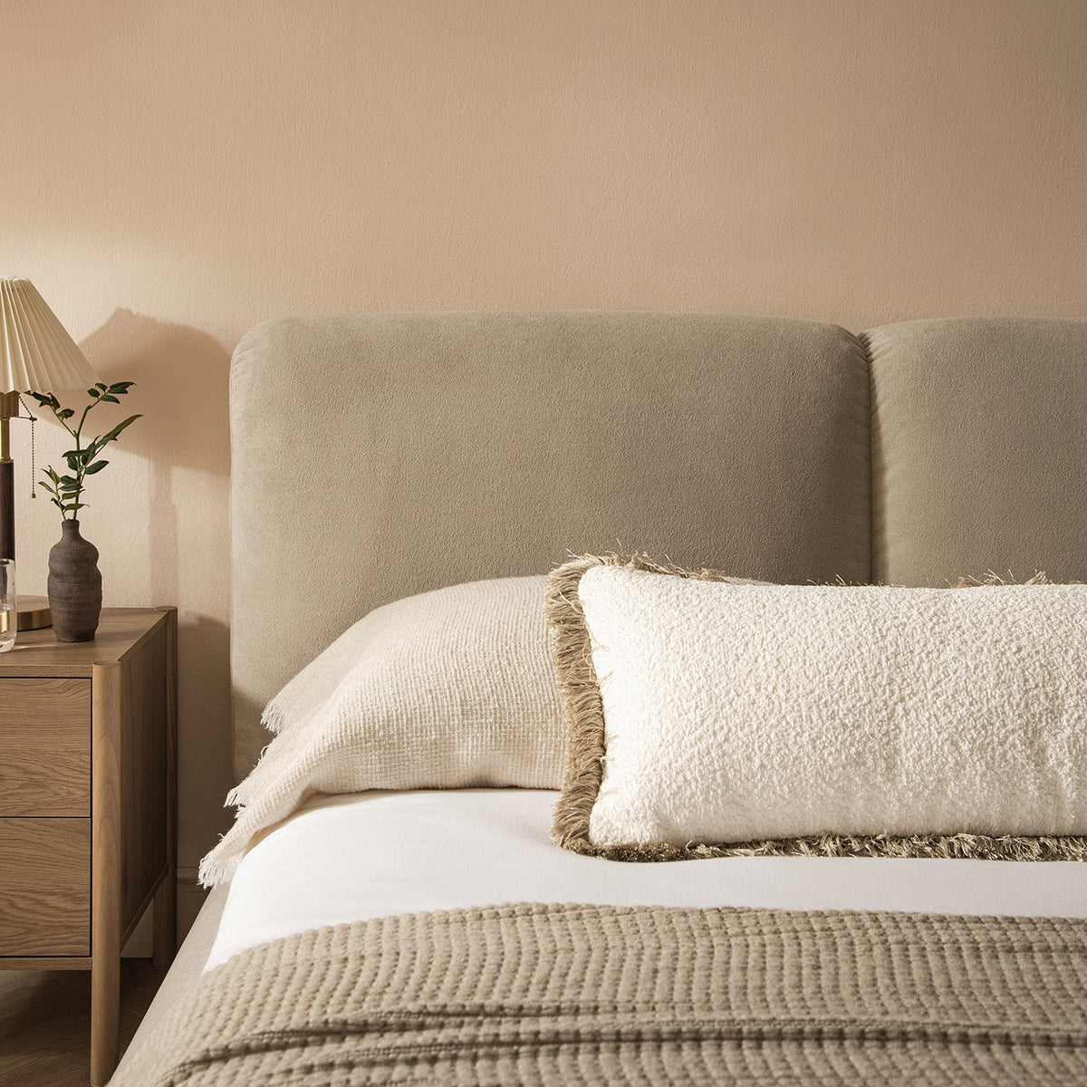 Thera Pillow Headboard Upholstered Bed in Fawn Chenille