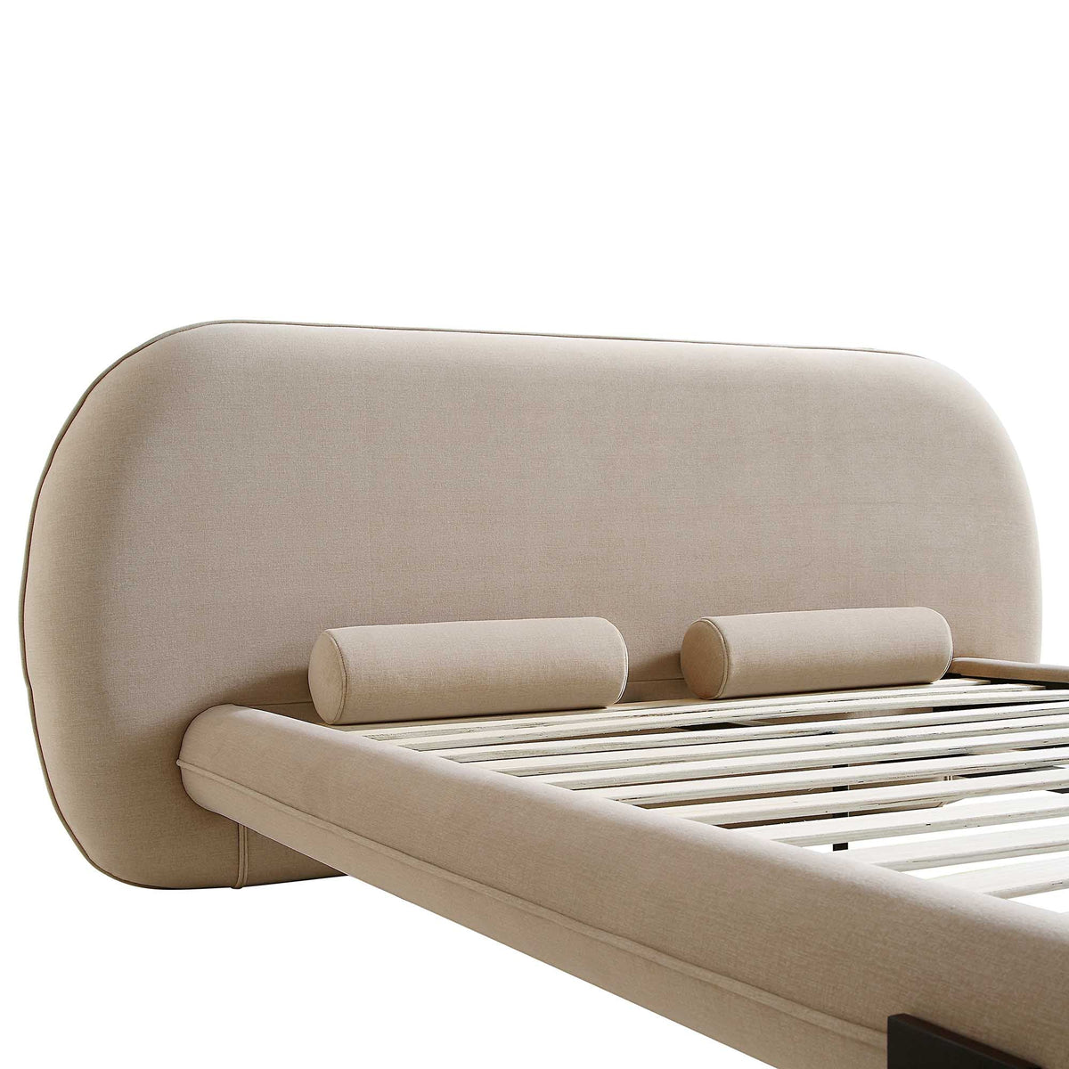 Elystan Oval Headboard Upholstered Bed in Warm Beige Fabric