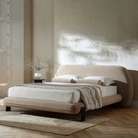Elystan Oval Headboard Upholstered Bed in Warm Beige Fabric – image 1 of 15