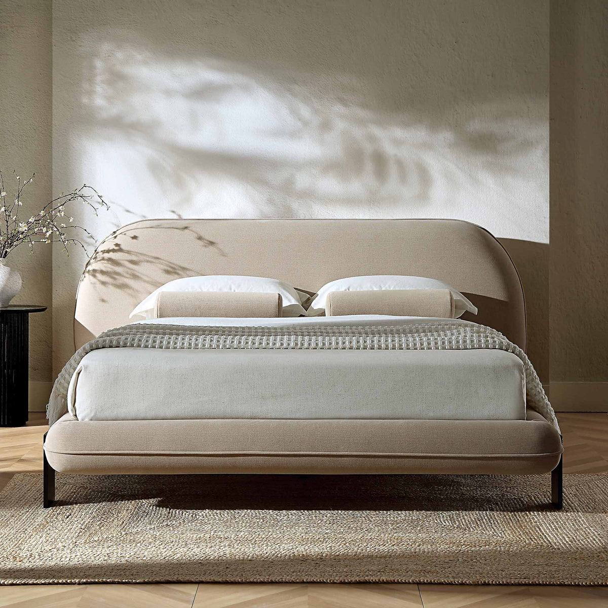 Elystan Oval Headboard Upholstered Bed in Warm Beige Fabric