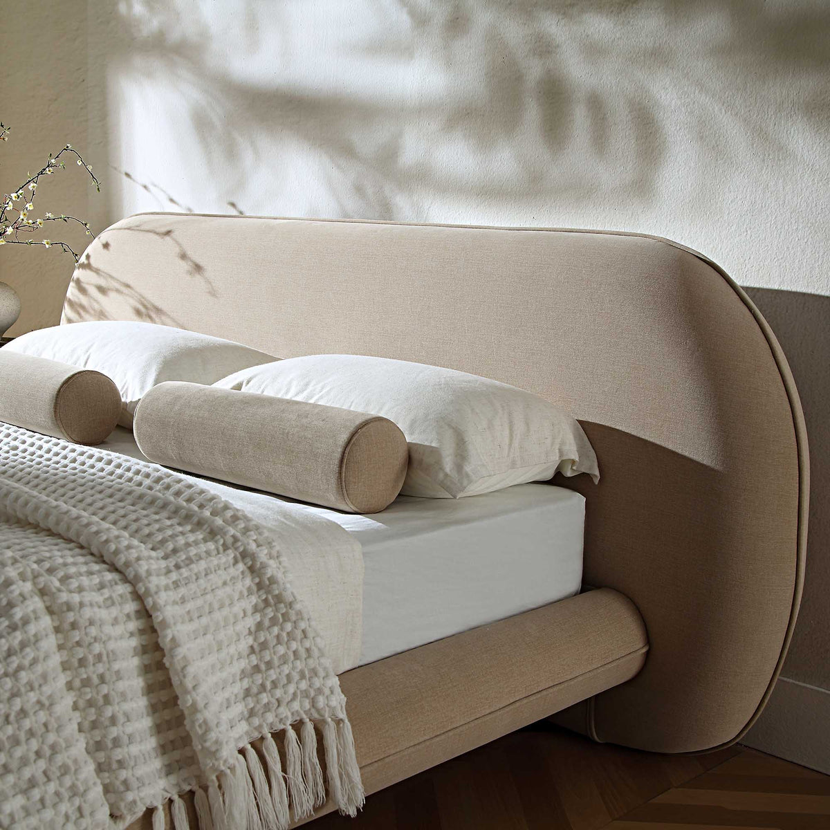 Elystan Oval Headboard Upholstered Bed in Warm Beige Fabric