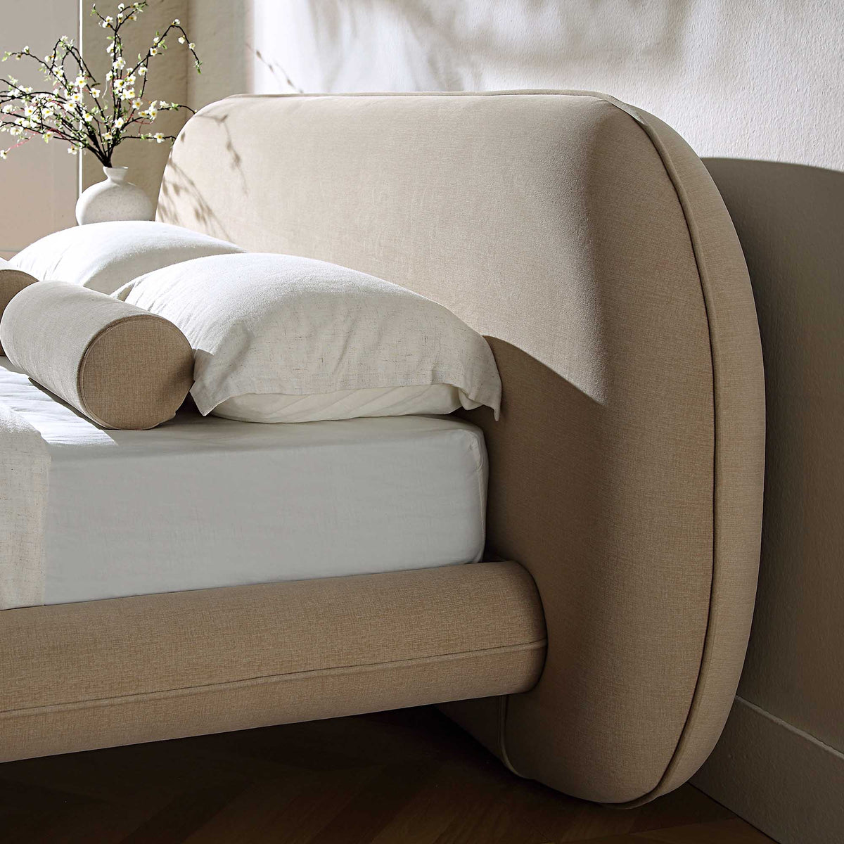 Elystan Oval Headboard Upholstered Bed in Warm Beige Fabric