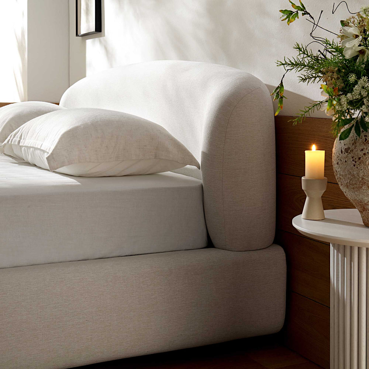 Constance Winged Headboard Ottoman Storage Bed in Beige Linen