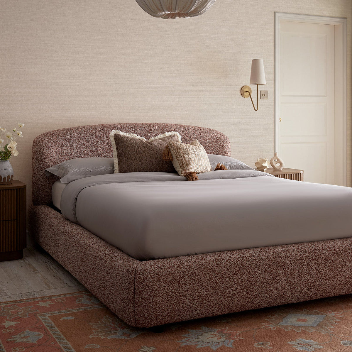 Constance Winged Headboard Ottoman Storage Bed in Musk Blush Boucle