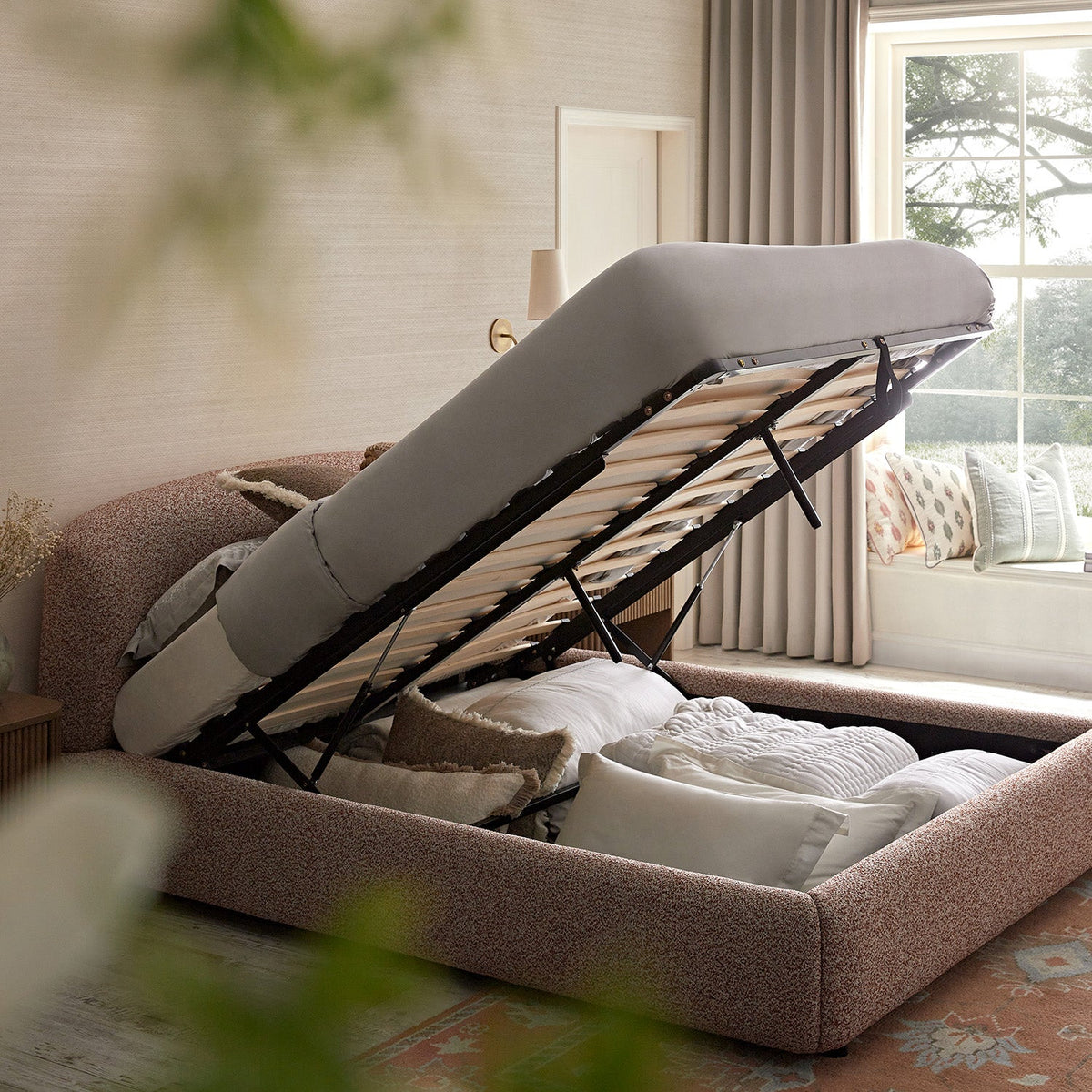 Constance Winged Headboard Ottoman Storage Bed in Musk Blush Boucle