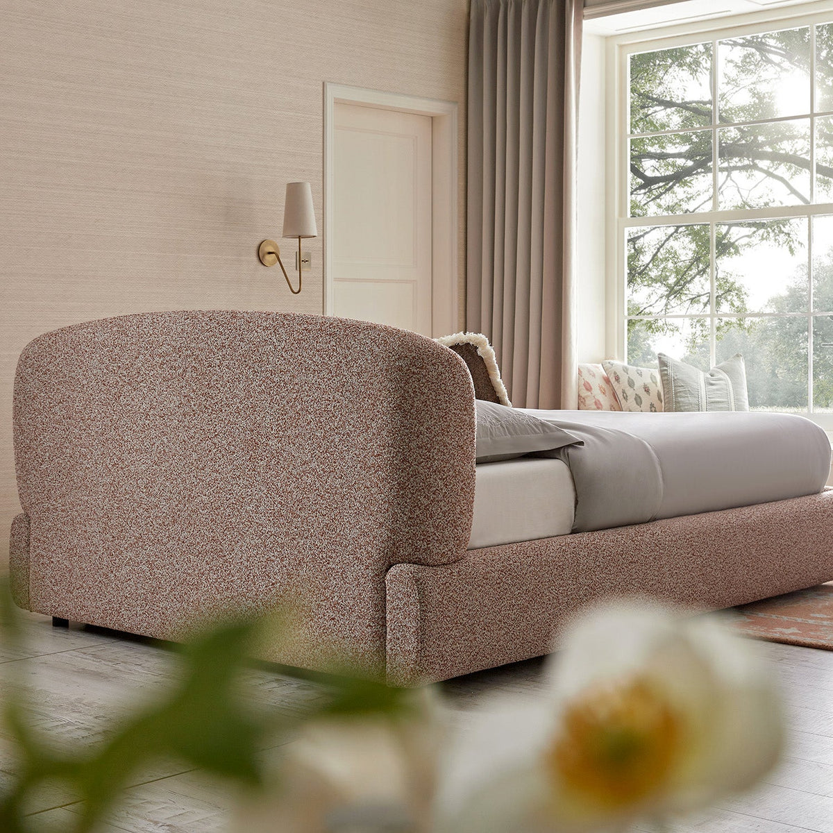 Constance Winged Headboard Ottoman Storage Bed in Musk Blush Boucle
