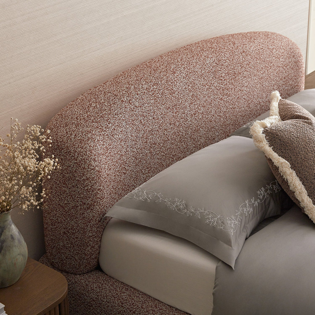 Constance Winged Headboard Ottoman Storage Bed in Musk Blush Boucle