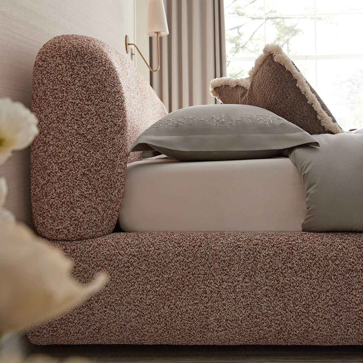 Constance Winged Headboard Ottoman Storage Bed in Musk Blush Boucle