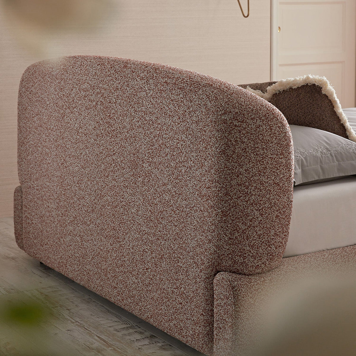 Constance Winged Headboard Ottoman Storage Bed in Musk Blush Boucle