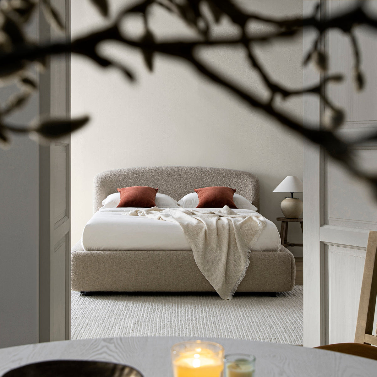 Constance Winged Headboard Ottoman Storage Bed in Light Taupe Boucle