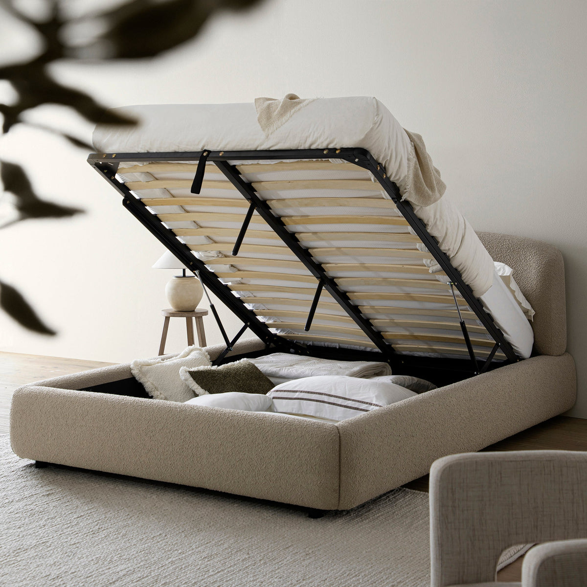 Constance Winged Headboard Ottoman Storage Bed in Light Taupe Boucle