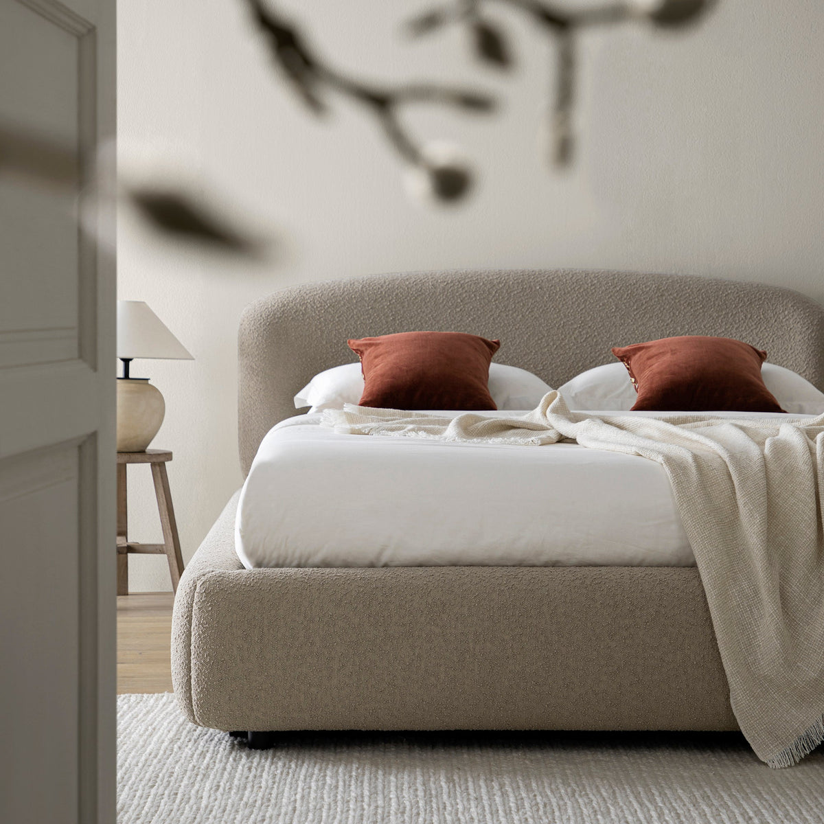 Constance Winged Headboard Ottoman Storage Bed in Light Taupe Boucle