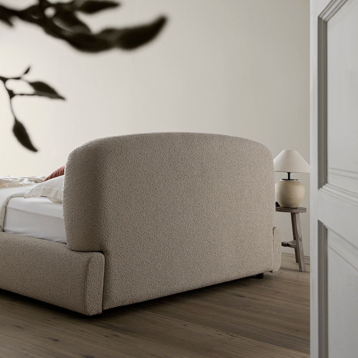 Constance Winged Headboard Ottoman Storage Bed in Light Taupe Boucle