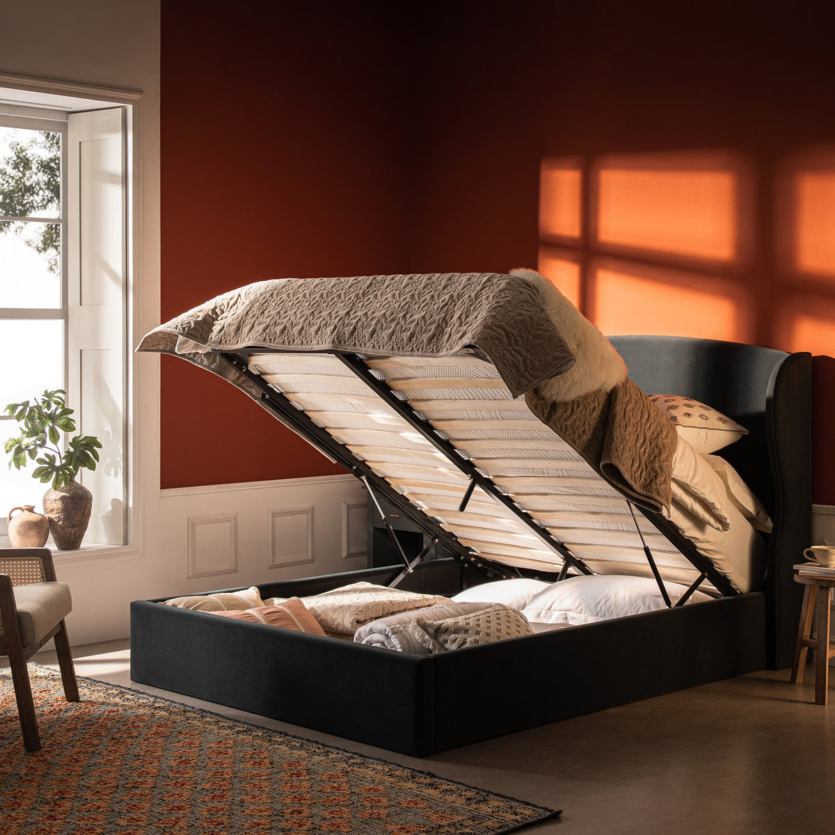 Kimberly Winged Upholstered Storage Bed in Aegean Blue Velvet
