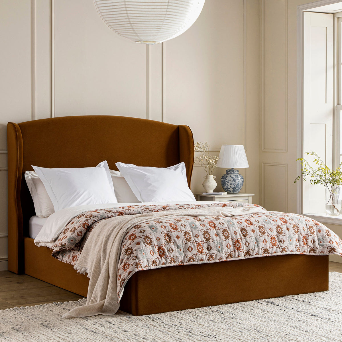 Kimberly Winged Upholstered Storage Bed in Cinnamon Velvet