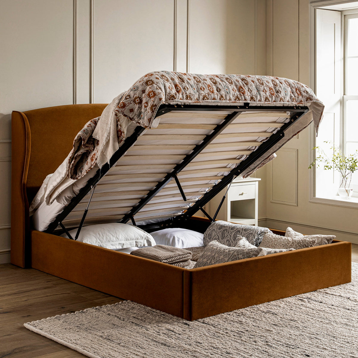 Kimberly Winged Upholstered Storage Bed in Cinnamon Velvet