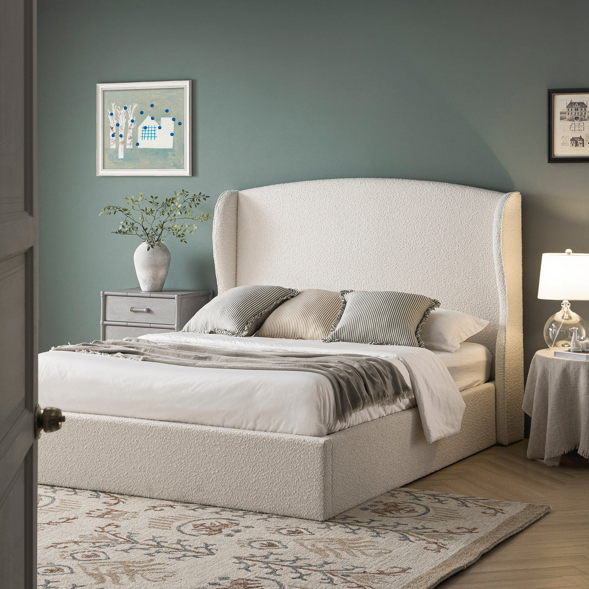 Kimberly Winged Upholstered Storage Bed in Ecru Boucle