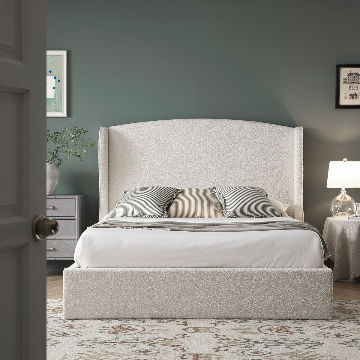 Kimberly Winged Upholstered Storage Bed in Ecru Boucle